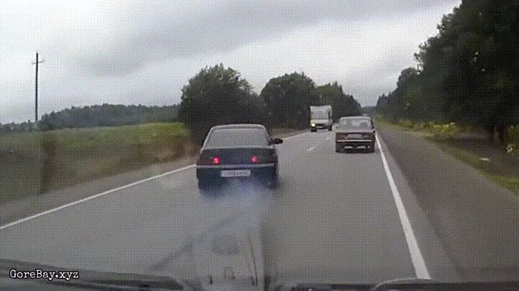 Car tries to overtake but crashes into a small truck, then spun itself 2