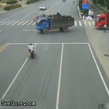Biker go straight for a truck and burns down 5
