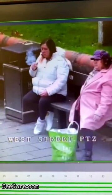 Woman smoking cigarette on a bench hit by a car 1